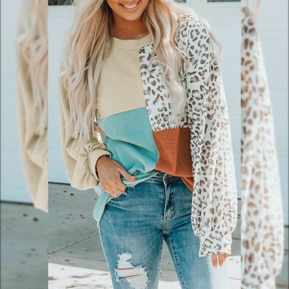 Leopard Patchwork Color Block Ribbed Long Sleeve Top - Picture 1 of 5